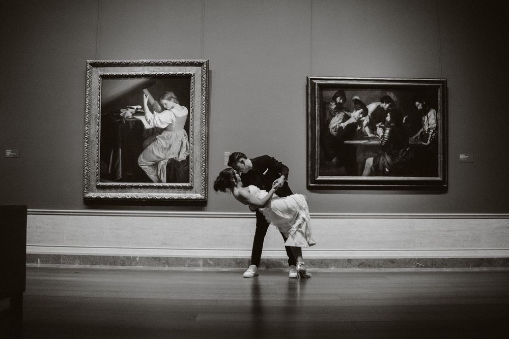 Black and white couple candid portrait at Gallery of Art in Washington DC