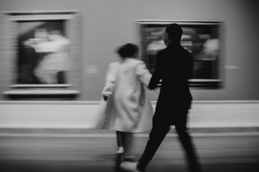 Slow shooter black and white couple portrait at Gallery of Art in Washington DC