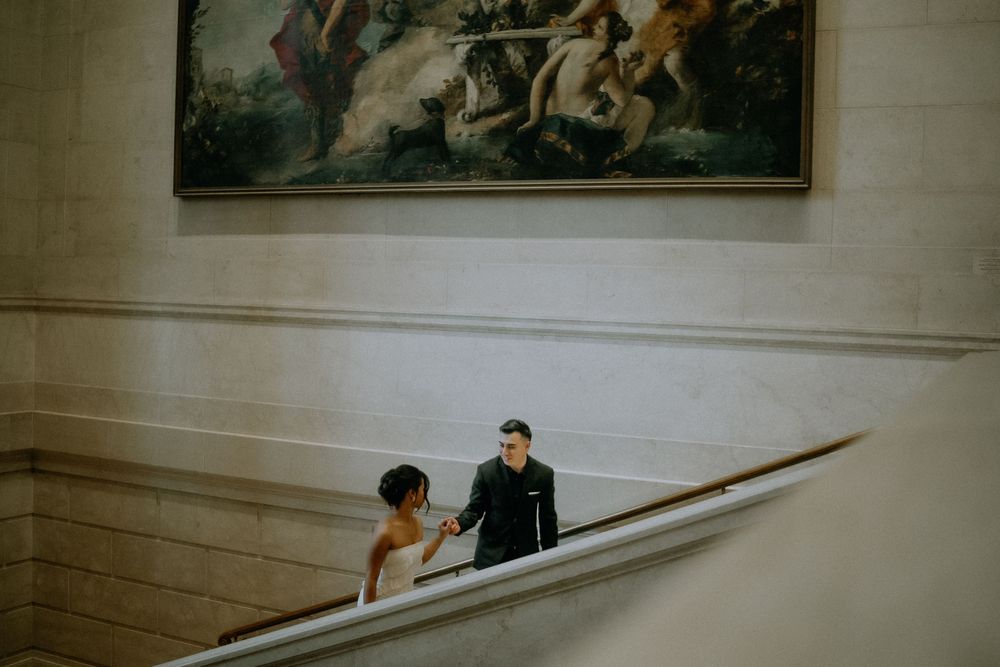 Couple moody and elegant portrait at Gallery of Art in Washington DC